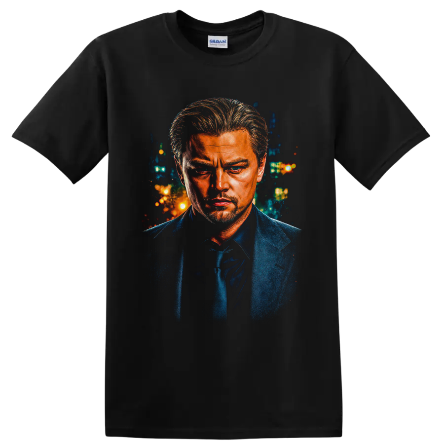 Dominic Cobb as Leonardo DiCaprio in a painterly neon city portrait on a Black T Shirt