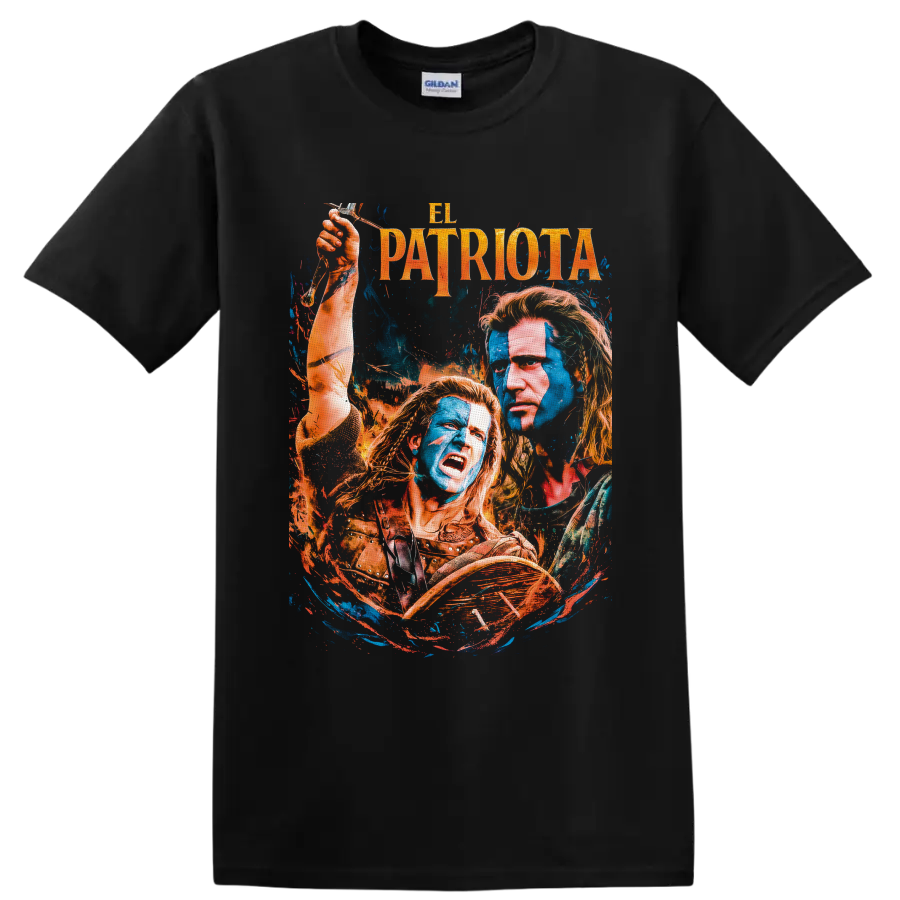 Benjamin Martin with colonial figures in distressed blue and orange The Patriot artwork on a Black T Shirt