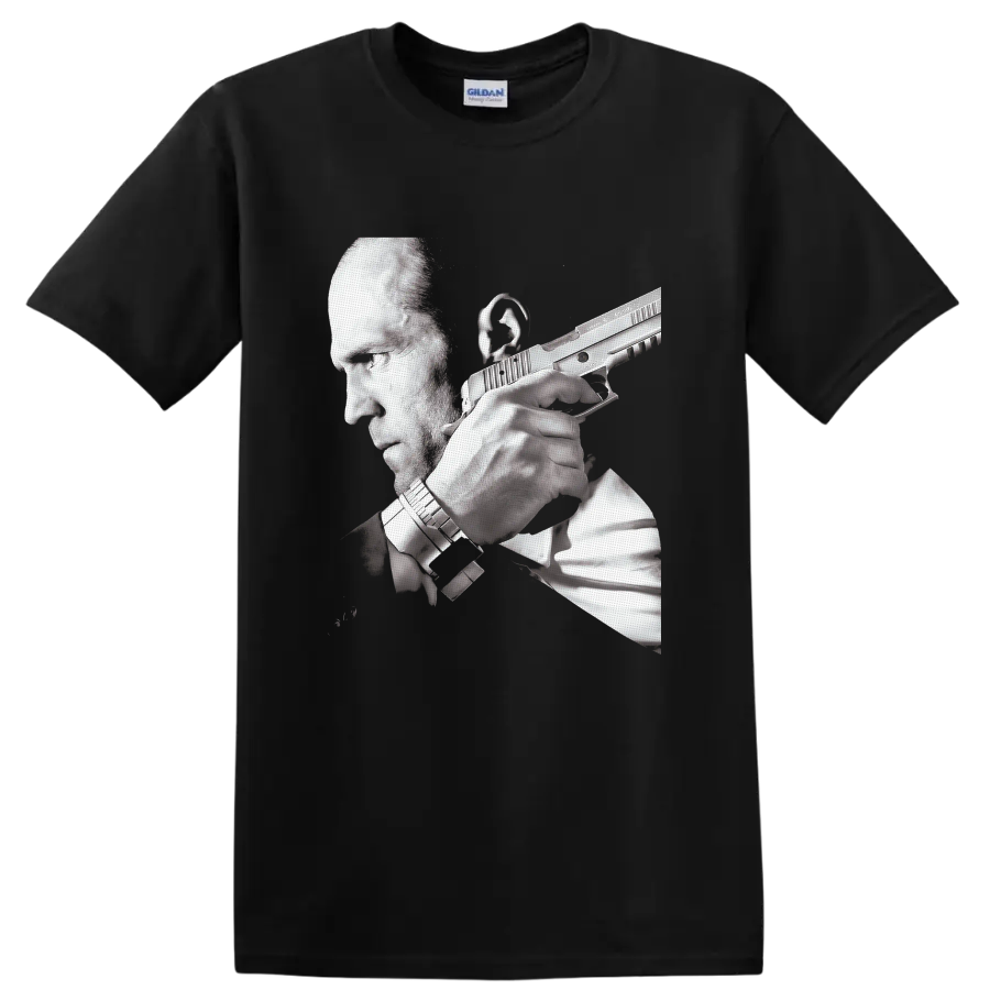 Frank Martin Transporter 3 grayscale action portrait with handgun on a Black T Shirt