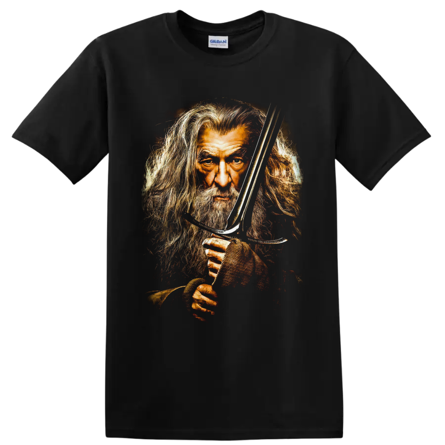 Gandalf portrait with sword in distressed painterly fantasy artwork on a Black T Shirt