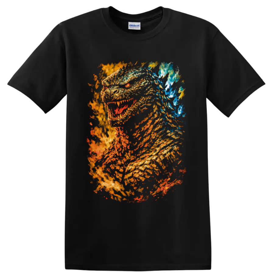 Burning Godzilla roaring amid flames, sparks, blue energy, and lightning on a Black T Shirt