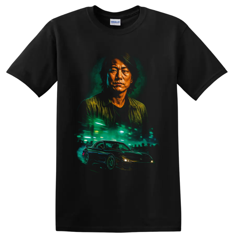 Han Lue neon portrait with a street-racing car and glowing city lights on a Black T Shirt