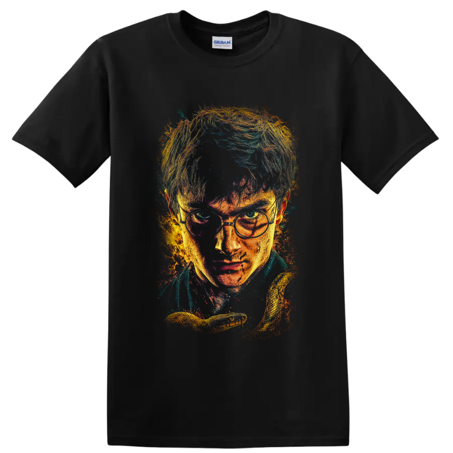 Harry Potter wizard portrait in distressed paint-splatter style with Golden Snitch on a Black T Shirt