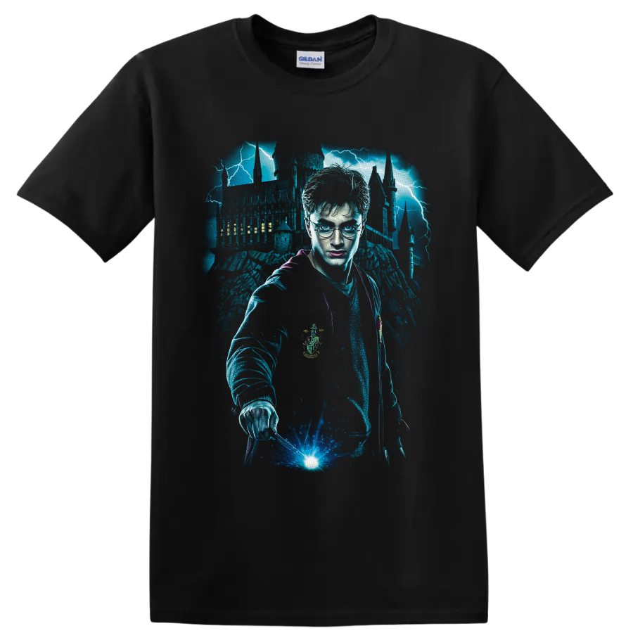 Harry Potter with glowing wand, lightning, and Gothic castle fantasy graphic on a Black T Shirt