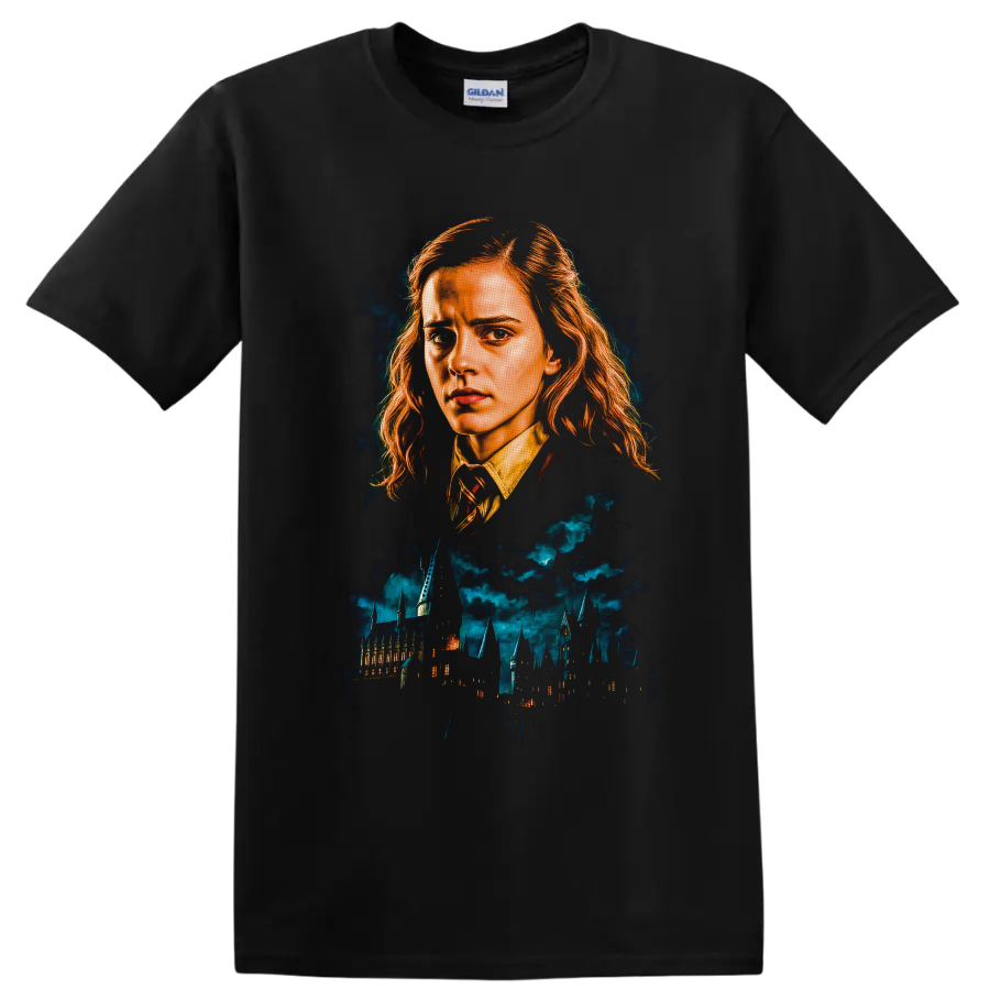 Hermione Granger portrait above Hogwarts castle in dramatic fantasy illustration on a Black T Shirt