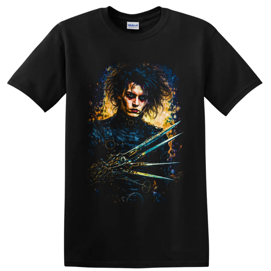Edward Scissorhands gothic portrait with scissor hands and blue-gold paint splatters on a Black T Shirt