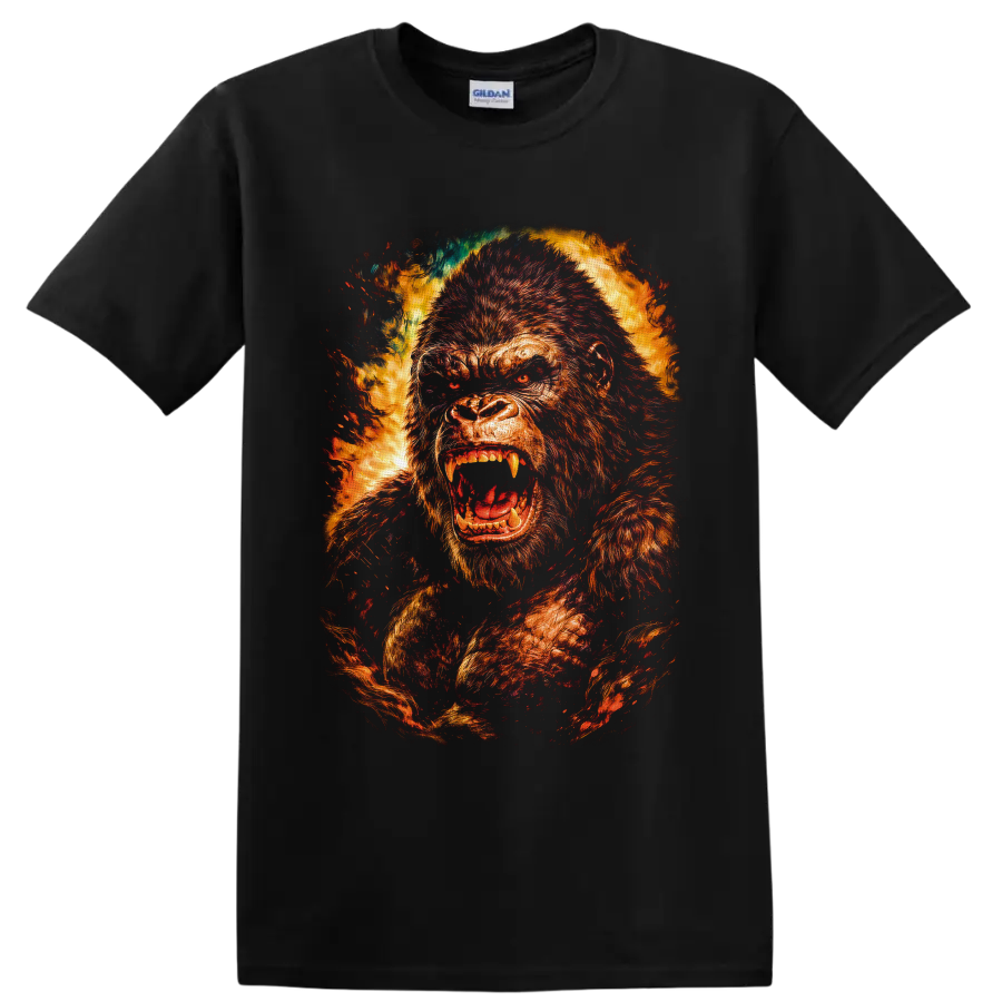 Kong roaring giant ape in fiery distressed monster movie graphic art on a Black T Shirt