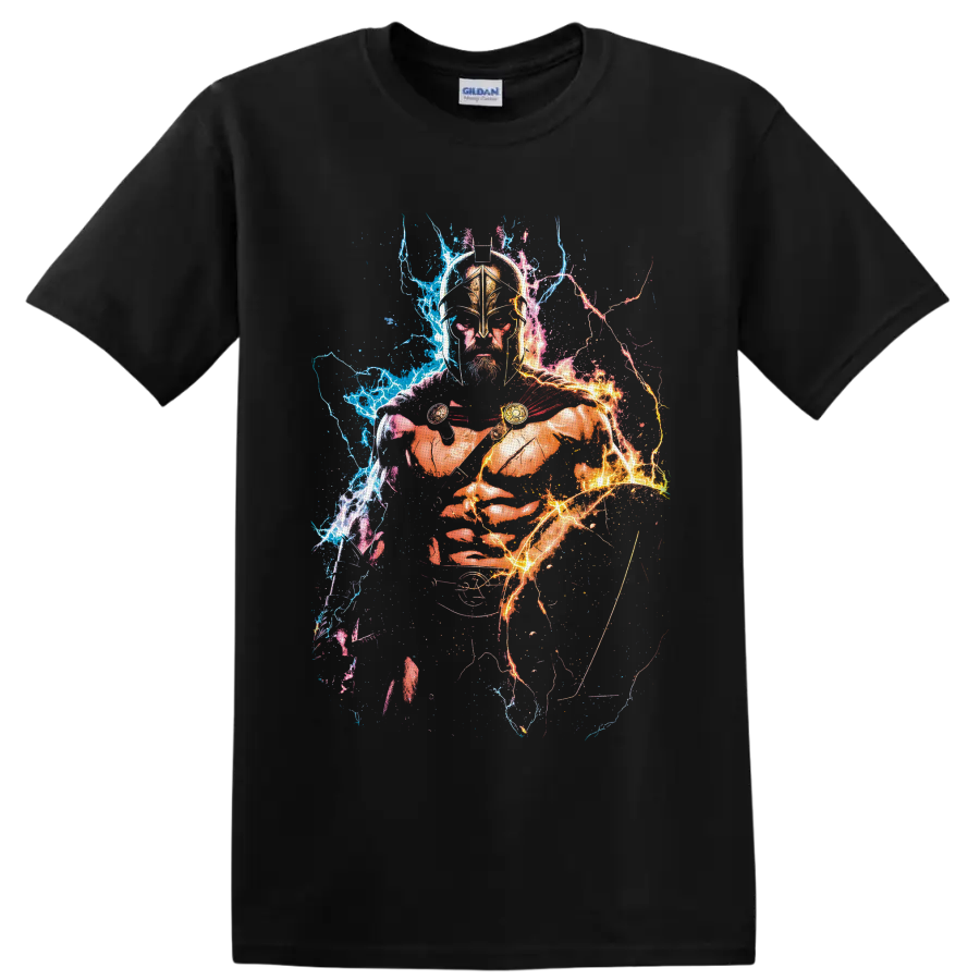 King Leonidas Spartan warrior graphic with red cape and blue orange lightning on a Black T Shirt