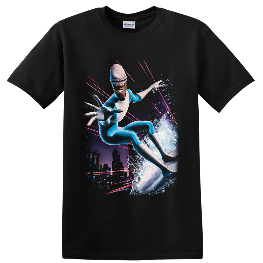 Frozone surfing an ice wave in a neon futuristic city graphic on a Black T Shirt