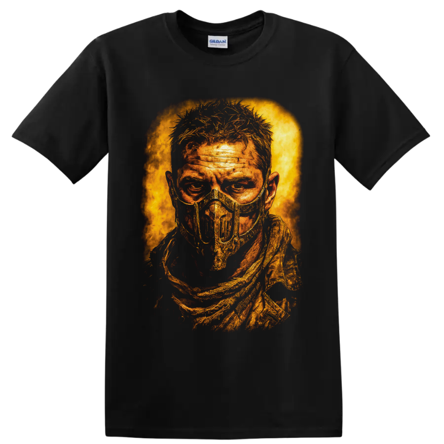 Distressed fiery portrait of a masked Mad Max: Fury Road wasteland figure on a Black T Shirt