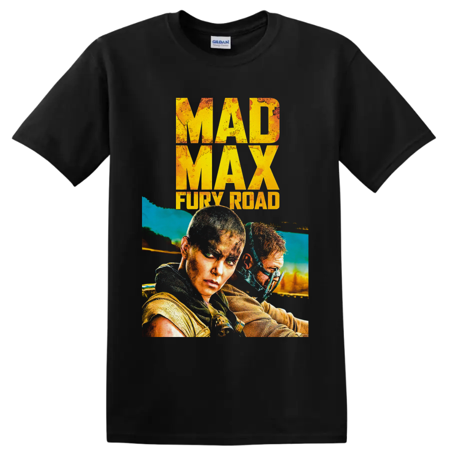 Furiosa and masked warrior in distressed Mad Max Fury Road action poster art on a Black T Shirt