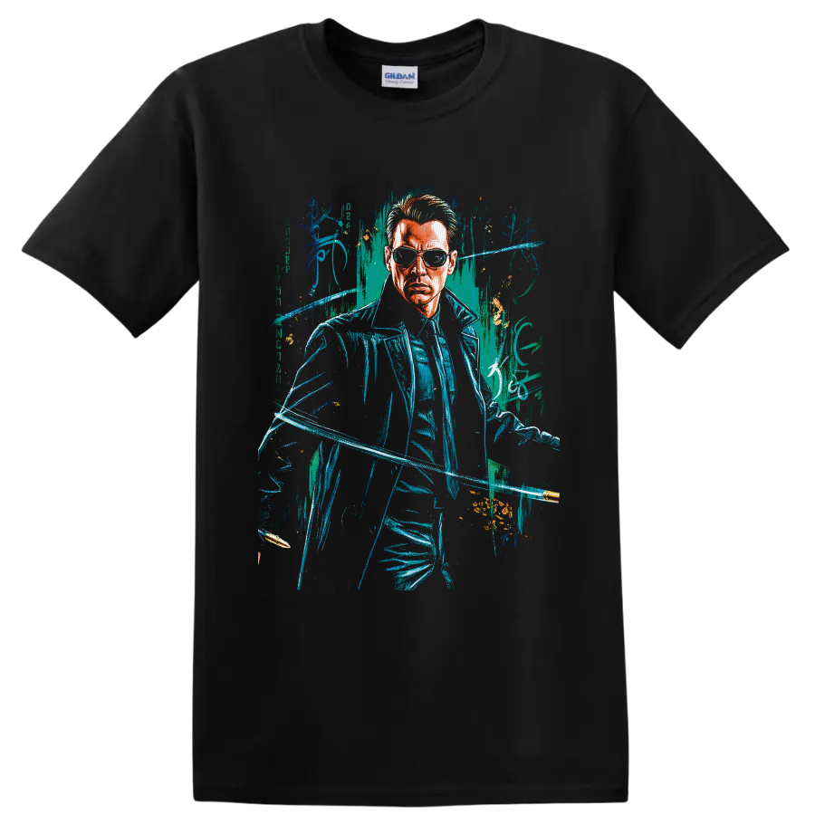 The Matrix cyberpunk sunglasses figure with neon digital distressed artwork on a Black T Shirt