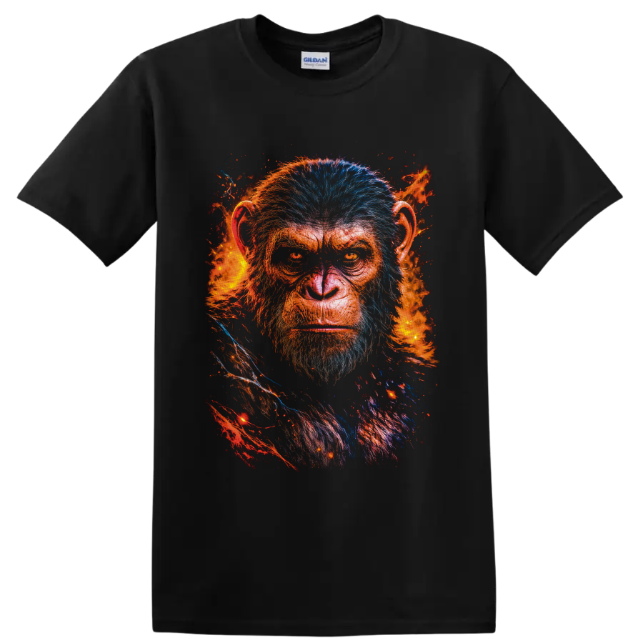 Caesar Planet of the Apes portrait with blue fur, orange flames, and embers on a Black T Shirt