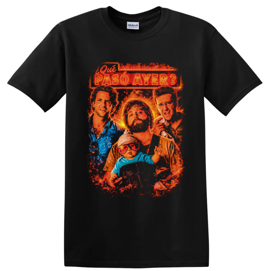 The Hangover cast and baby in fiery distressed marquee movie poster graphic on a Black T Shirt