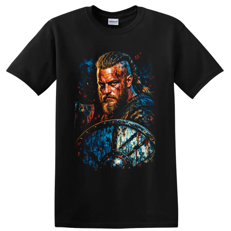 Ragnar Lothbrok warrior portrait with axe and shield in vibrant splatter-paint style on a Black T Shirt