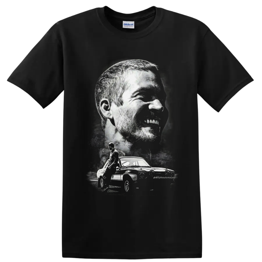Brian O'Conner portrait and Ford Escort RS2000 in distressed monochrome graphic art on a Black T Shirt