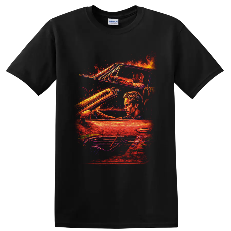 Brian O'Conner fiery street racing art with a performance car and illustrated portrait on a Black T Shirt