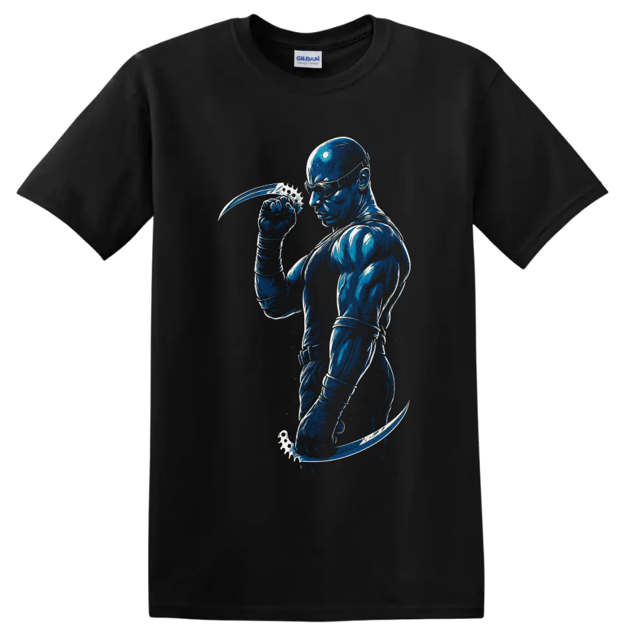 Riddick with goggles and curved blades in distressed blue sci-fi action art on a Black T Shirt