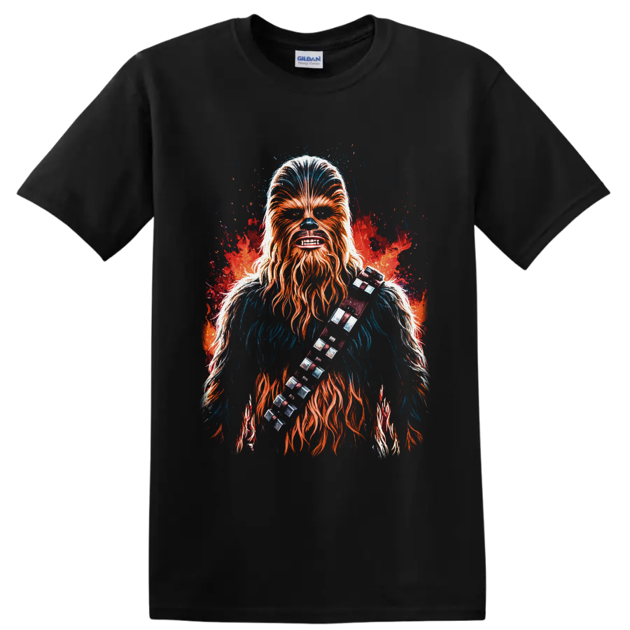 Chewbacca fiery splash-art portrait with bandolier on a Black T Shirt