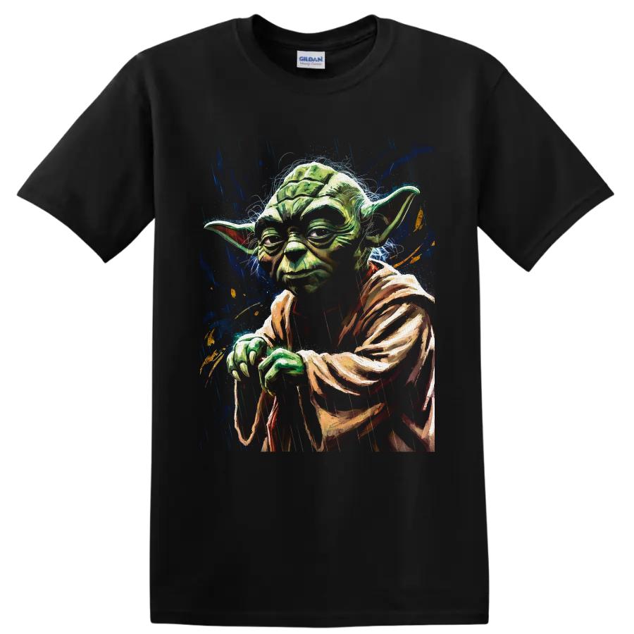 Yoda portrait in painterly galactic paint splash art on a Black T Shirt