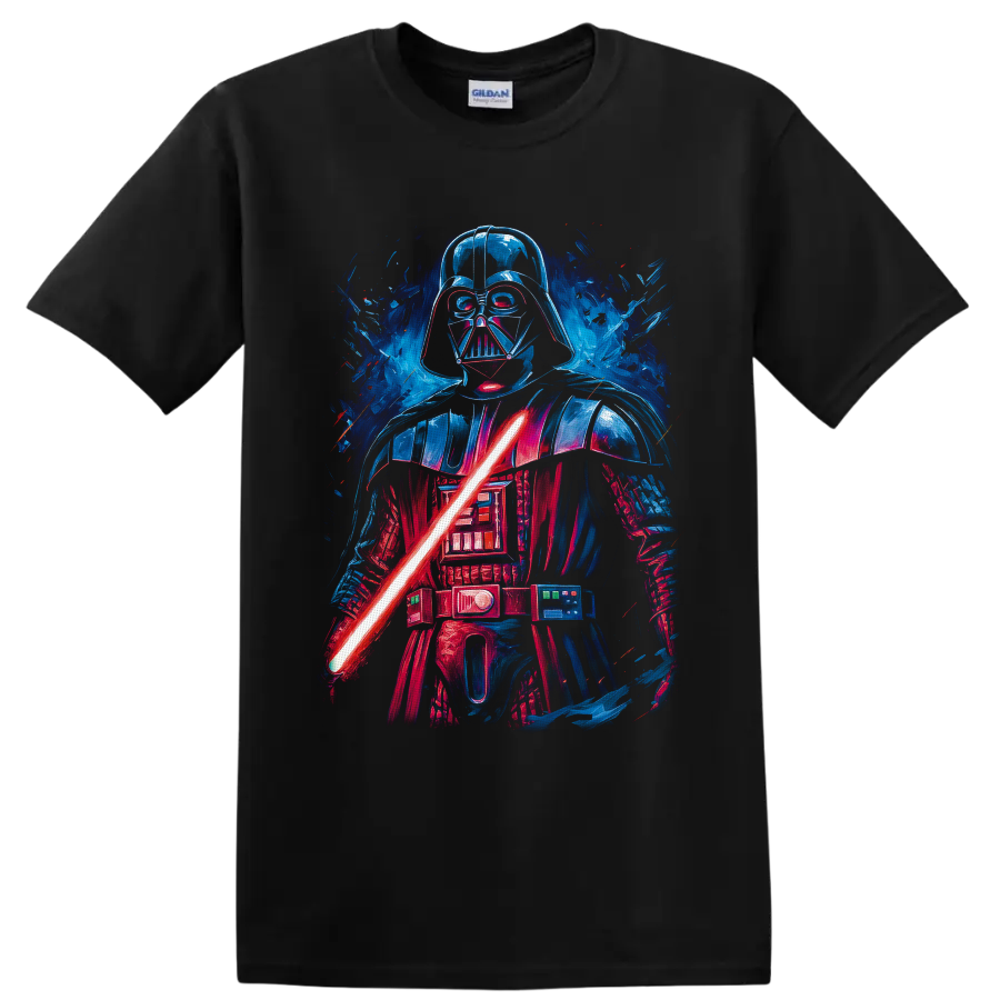 Darth Vader neon-style portrait with red lightsaber and blue sci-fi splatter on a Black T Shirt