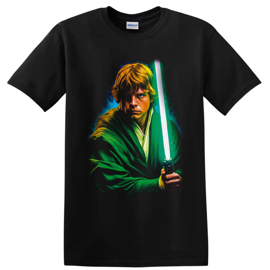 Luke Skywalker painterly portrait holding a glowing green lightsaber on a Black T Shirt