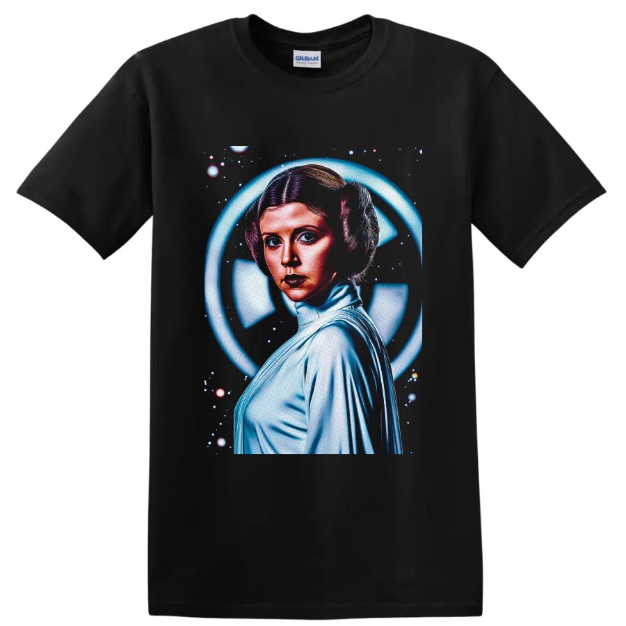 Princess Leia retro space portrait with glowing blue halo and starfield on a Black T Shirt