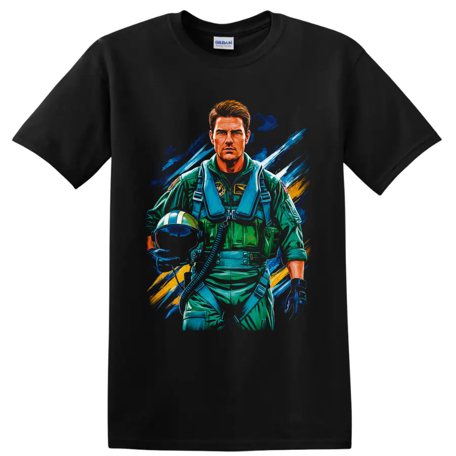 Pete Maverick Mitchell fighter pilot portrait in vibrant Top Gun style on a Black T Shirt