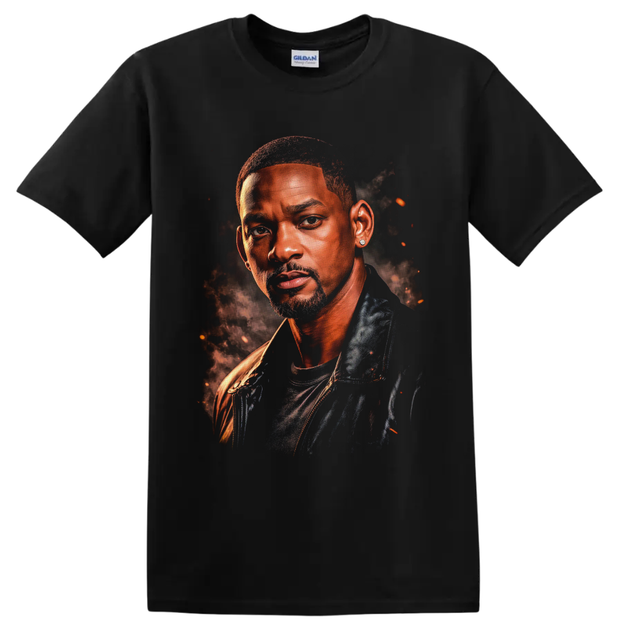 Will Smith cinematic portrait graphic with smoke and glowing ember accents on a Black T Shirt