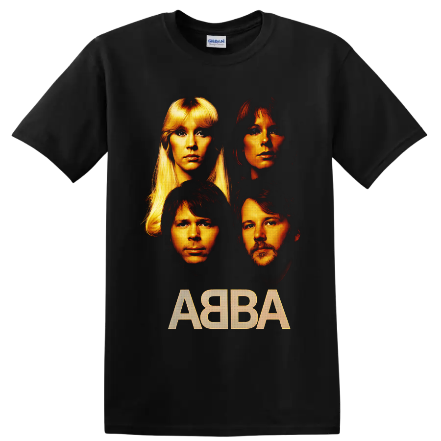 ABBA four-member portraits in dramatic gold and orange with bold ABBA lettering on a Black T Shirt