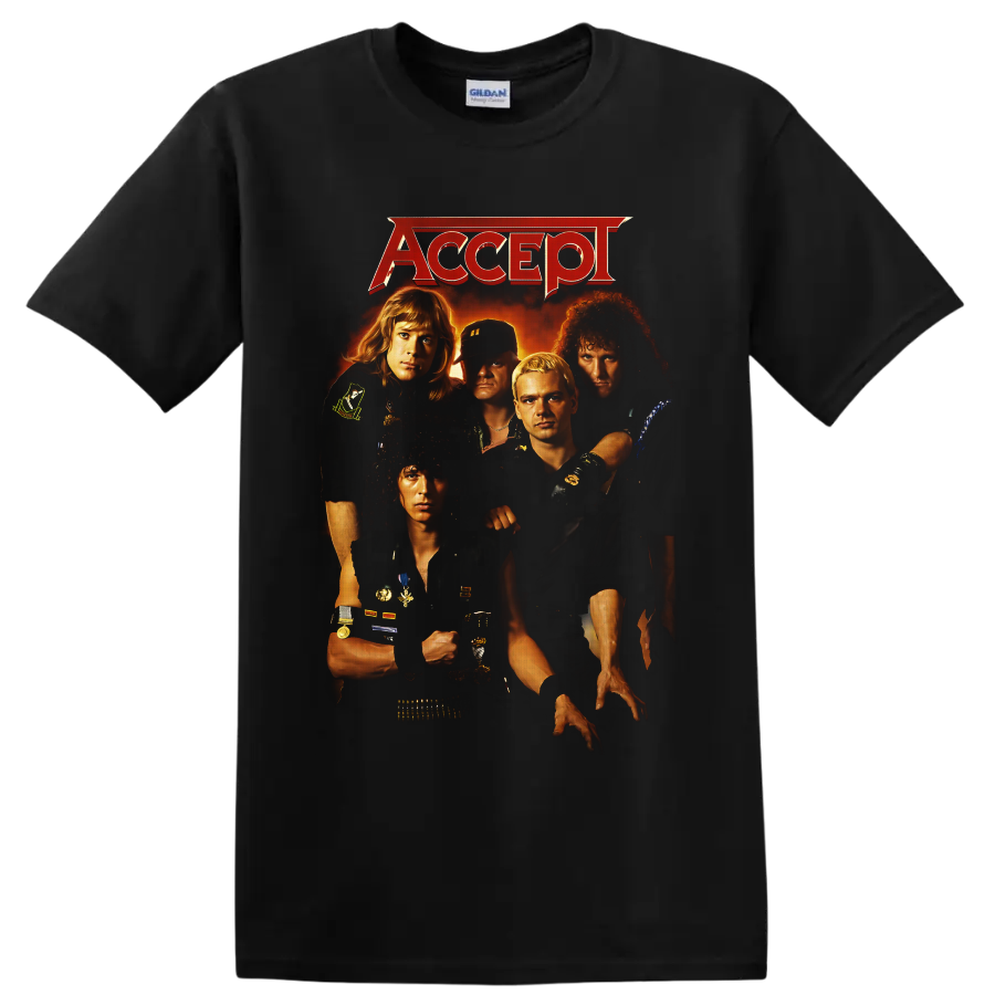 Accept five-member band portrait with red logo and fiery vintage metal poster artwork on a Black T Shirt