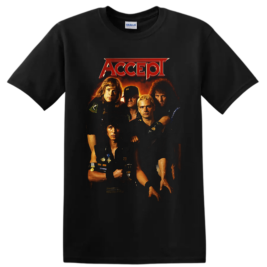 Accept five-member band portrait with red logo and fiery vintage metal poster artwork on a Black T Shirt