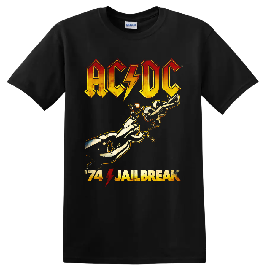 Distressed AC/DC 74 Jailbreak logo with lightning bolt and guitar-playing figures on a Black T Shirt