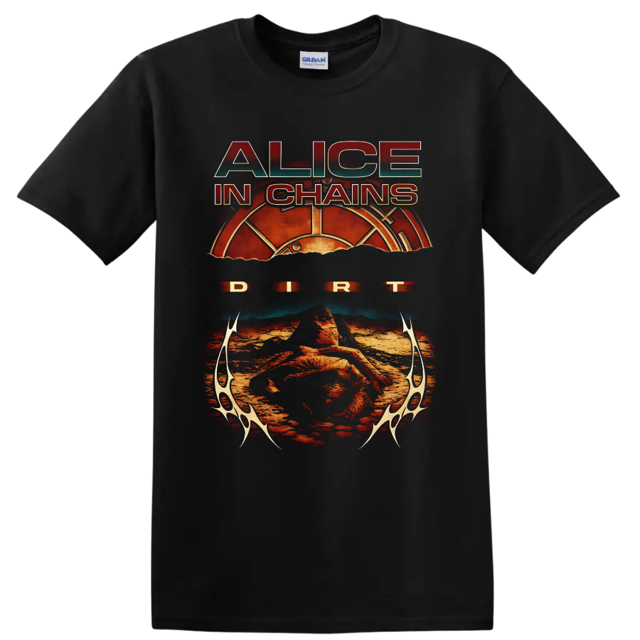Alice in Chains Dirt album art with distressed text, sunburst, and desert landscape on a Black T Shirt