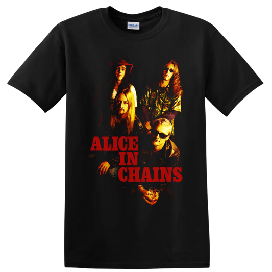 Alice in Chains grunge band portrait with warm lighting and distressed red lettering on a Black T Shirt
