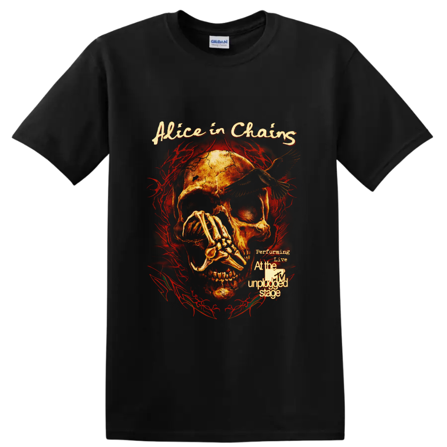 Alice in Chains MTV Unplugged skull, raven, skeletal hand, and red thorn artwork on a Black T Shirt
