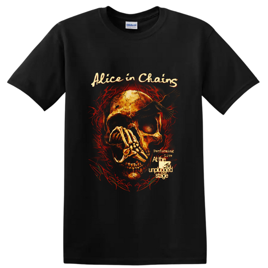Alice in Chains MTV Unplugged skull, raven, skeletal hand, and red thorn artwork on a Black T Shirt