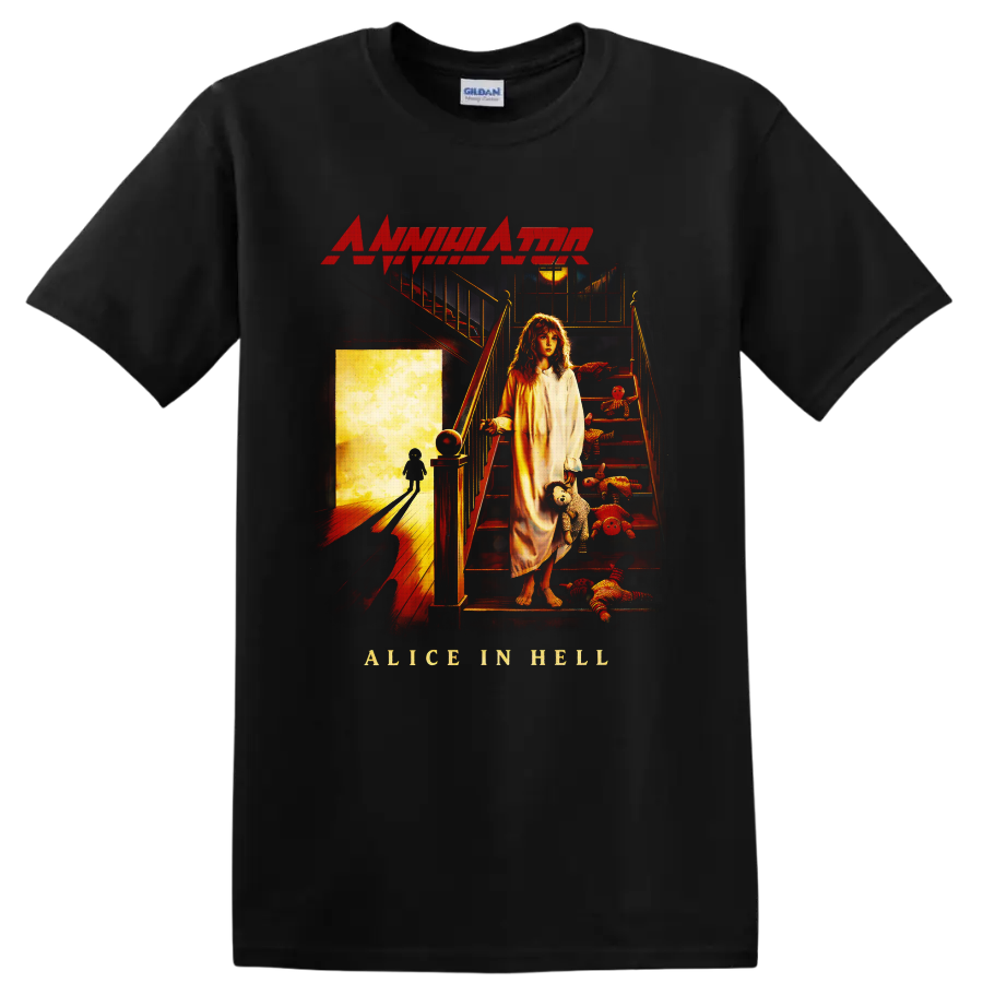 Annihilator Alice in Hell cover art with a girl, staircase, rag dolls, and glowing doorway on a Black T Shirt