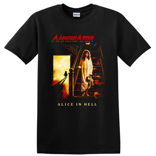 Annihilator Alice in Hell cover art with a girl, staircase, rag dolls, and glowing doorway on a Black T Shirt