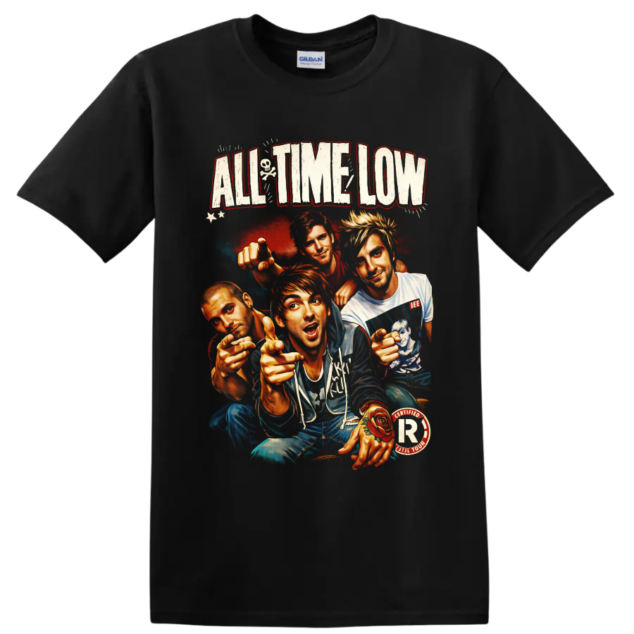 All Time Low four-member illustrated portrait with distressed lettering and punk rock on a Black T Shirt