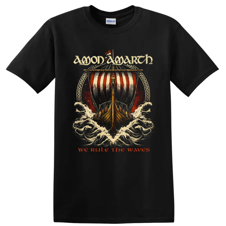 Amon Amarth We Rule the Waves Viking longship and crashing surf metal artwork on a Black T Shirt
