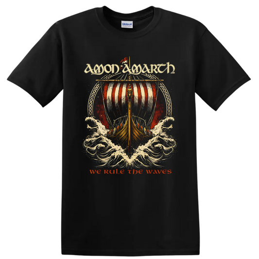 Amon Amarth We Rule the Waves Viking longship and crashing surf metal artwork on a Black T Shirt