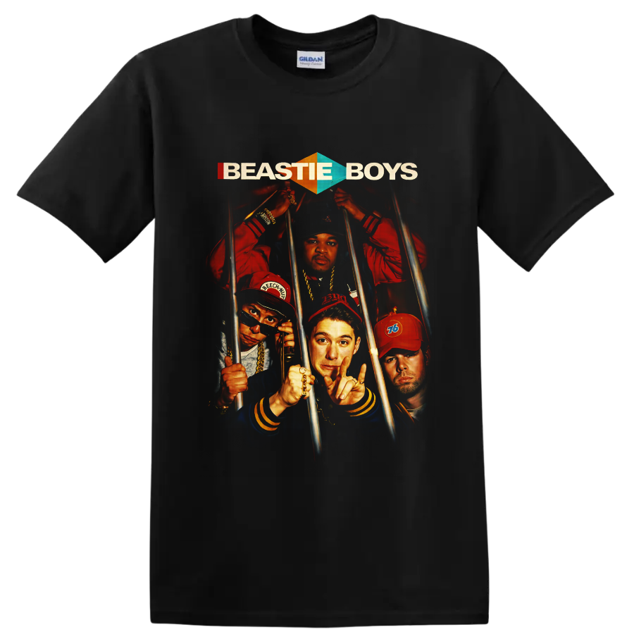 Beastie Boys retro portrait collage behind metal bars with bold logo text on a Black T Shirt