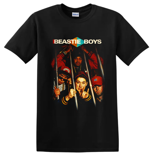 Beastie Boys retro portrait collage behind metal bars with bold logo text on a Black T Shirt