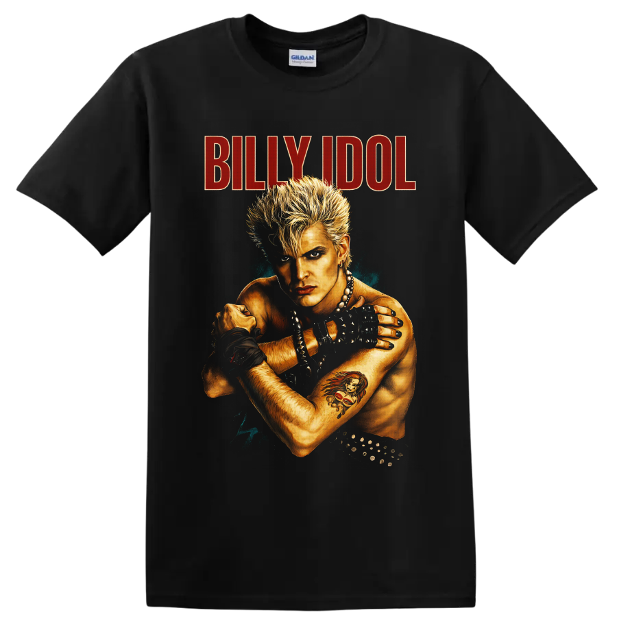 Billy Idol Whiplash Smile punk rock portrait with spiky hair and red BILLY IDOL text on a Black T Shirt