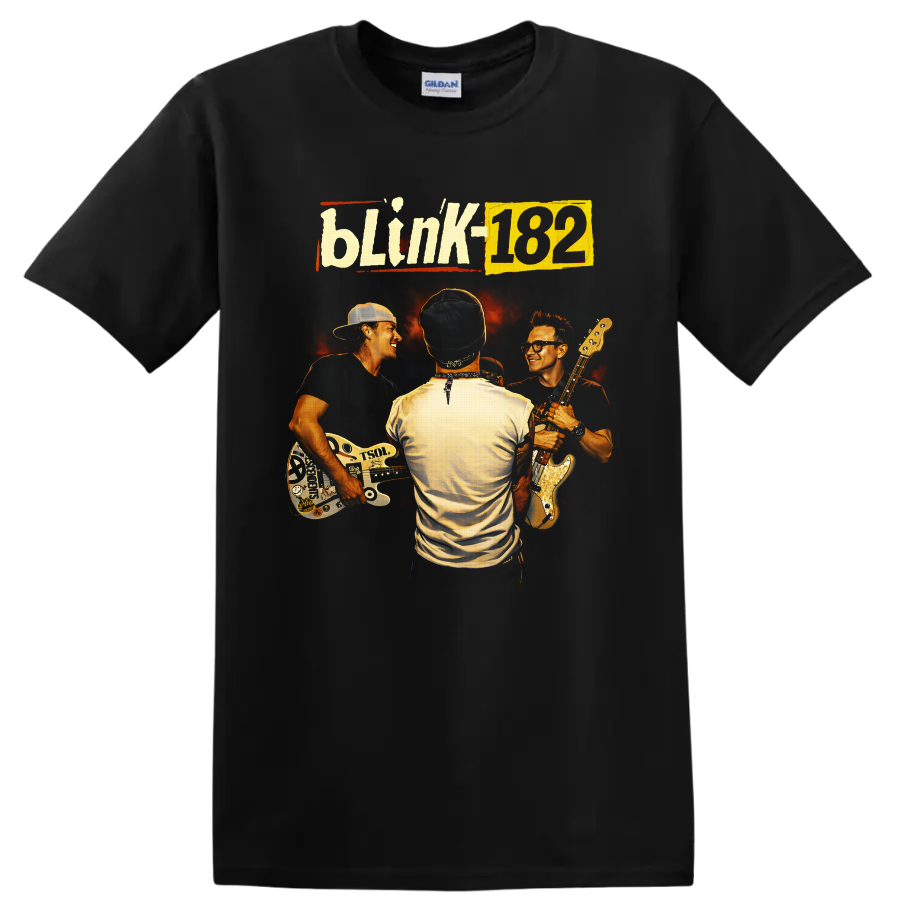 Blink-182 retro concert portrait of three musicians with guitars and fiery backdrop on a Black T Shirt