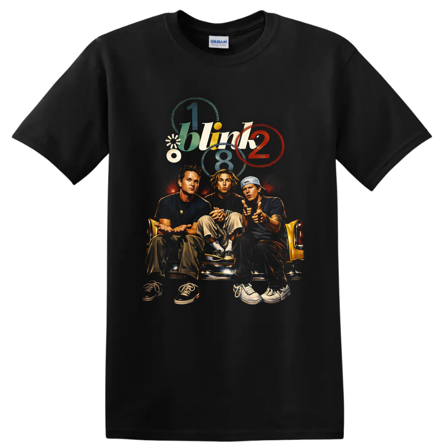 Blink 182 illustrated band portrait on yellow couch with colorful retro number graphics on a Black T Shirt