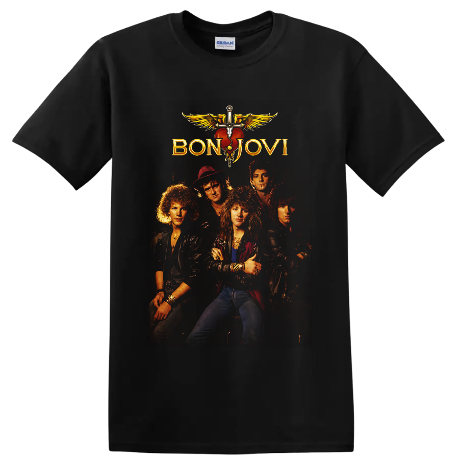 Bon Jovi five-member rock band portrait with gold logo and winged heart dagger emblem on a Black T Shirt