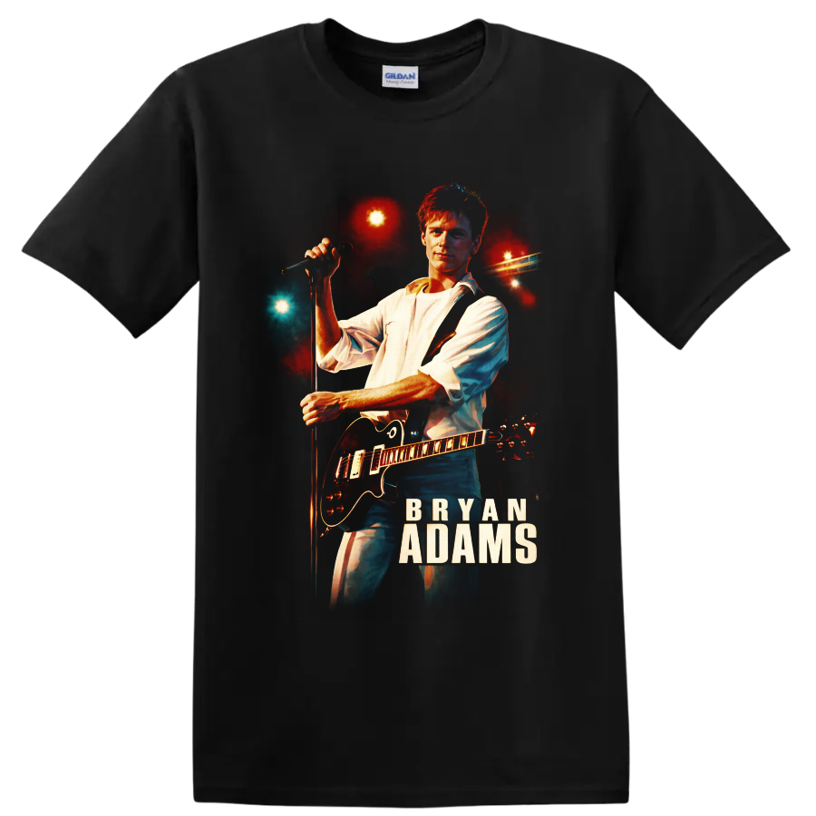Bryan Adams guitarist at microphone with electric guitar and glowing concert lights on a Black T Shirt