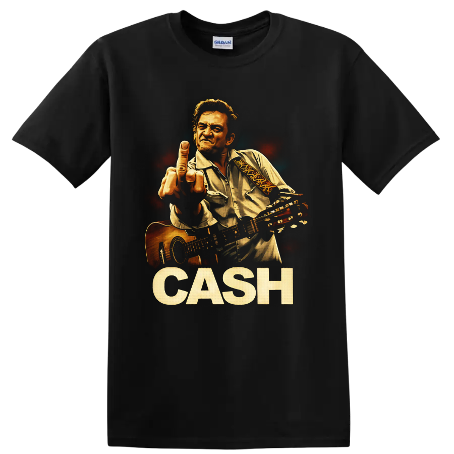 Johnny Cash illustrated guitar portrait with raised hand and distressed CASH lettering on a Black T Shirt